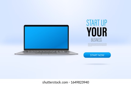 Start up your business promo landing page template with laptop and sample text. Mockup for presentation, websites, applications and landings
