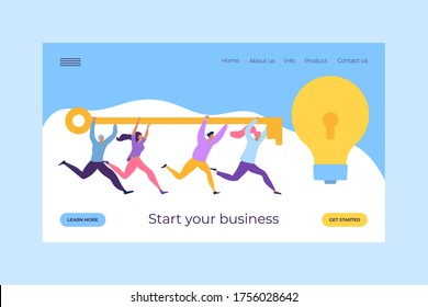 Start your business with susccess key to idea, vector illustration. Business people character teamwork strategy for acceess success, webpage. Group holding golden key and run to unlock marketing idea.