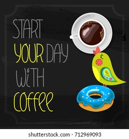 Start your day with coffee. Little bird drinking coffee in the morning. Cute character design and graphic elements. Cartoon hand drawn style.