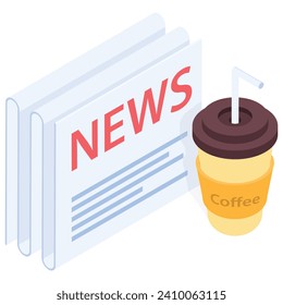 Start your day off right with a steaming cup of coffee and the latest news. This isometric illustration features a classic newspaper and a simple coffee cup, perfect for your website, blog, or social 
