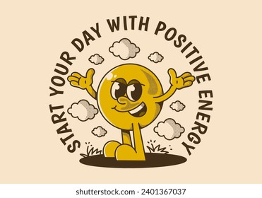 Start your day with positive energy. Ball head mascot character with hands up and happy expression
