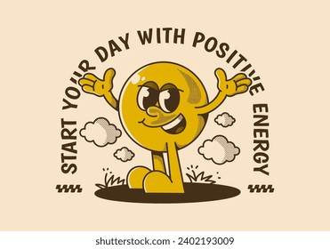 Start your day with positive energy. Ball head mascot character with hands up and happy expression