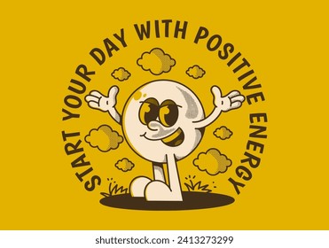 Start your day with positive energy. Ball head mascot character with hands up and happy expression