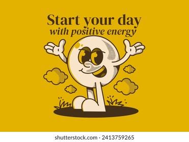 Start your day with positive energy. Ball head mascot character with hands up and happy expression