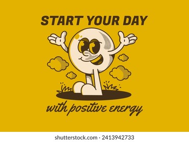 Start your day with positive energy. Ball head mascot character with hands up and happy expression