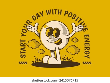 Start your day with positive energy. Ball head mascot character with hands up and happy expression