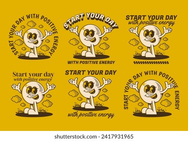 Start your day with positive energy. Ball head mascot character with hands up and happy expression