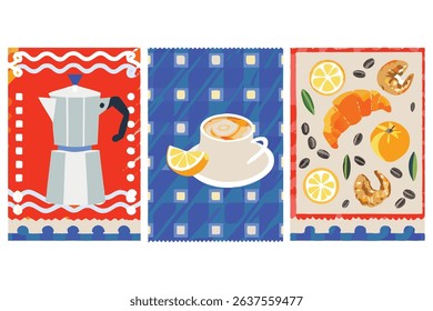 Start your day with the rich aroma of this stylish vector illustration featuring coffee and cappuccino essentials. From steaming mugs and frothy cups to coffee beans, latte art, and classic café acces