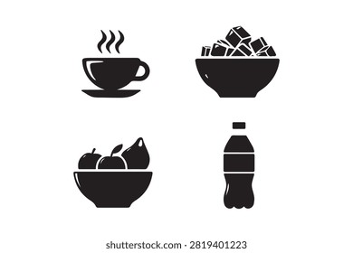 Start your day right with steaming coffee, a bowl of fresh fruits, and pure water. Simple, healthy icons for a balanced lifestyle.