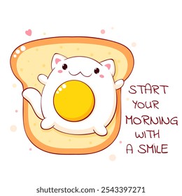 Start your morning with a smile. Cute kitty on bread. Baby card with cute little pet in kawaii style. Childish print with funny cat for t-shirt  print, sticker, greeting card design. Vector EPS8  