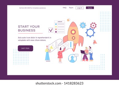 Start your own business - entrepreneur success rocket launch concept for landing page or web interface. Modern technology development and people with ideas - flat hand drawn vector illustration