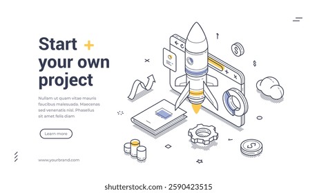 Start your own project. Isometric web banner template features a rocket blasting off from a computer interface, symbolizing start up launch. Vector illustration