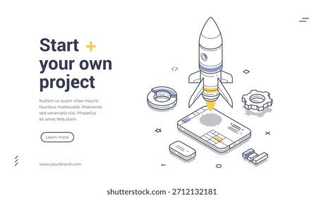 Start Your Own Project Isometric Banner Vector Illustration. Web template for business startup with rocket and smartphone. Modern landing page design for technology and creative ideas