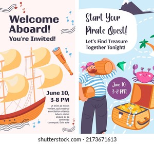 Start your pirate quest game, find treasure together tonight. Welcome aboard you are invited. Invitation banner or poster for visitors to come, date and location included. Vector in flat style