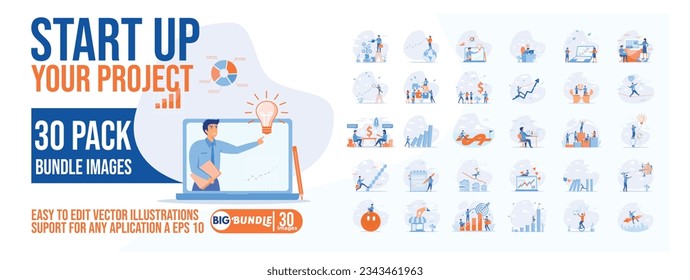 Start up your project concept illustration, collection of male and female business people scenes in the start up your project scene. mega set flat vector modern illustration