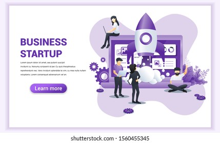 Start up your project concept with people working on rocket launch. Development process, Innovation product, creative idea. Can use for web banner, landing page, web template. vector illustration