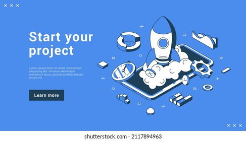 Start your project isometric internet banner landing page with place for text vector illustration. Online advertising developing successful startup business strategy with launching rocket smartphone