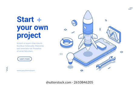 Start your project startup innovation business idea smartphone application isometric web banner vector illustration. Success marketing management strategy development mobile phone software technology