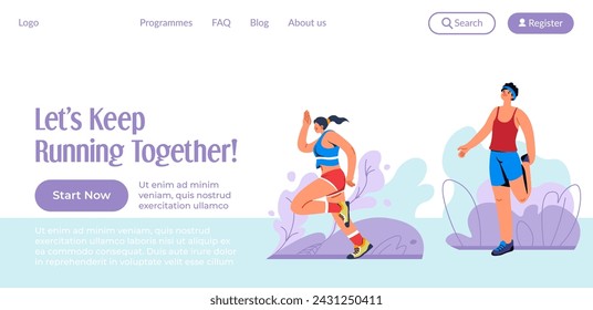 Start your running routine now, lets keep jogging. Keeping healthy lifestyle and active body shape. Man and woman in sportsuits warming up. Website landing page, internet site. Vector in flat style