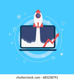 Startap Rocket and graphics are taken off the computer. Banner. Vector flat illustration 