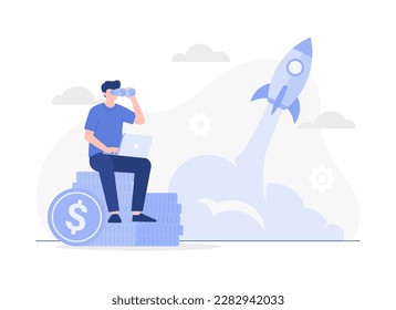 Started business, launch success rocket or entrepreneur, startup project. Modern modern flat illustration