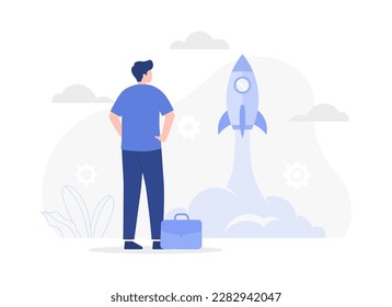 Started business, launch success rocket or entrepreneur, startup project. Modern modern flat illustration