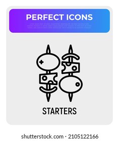 Starters, appetizers thin line icon. Canapes: cheese with olives. Modern vector illustration for restaurant menu.