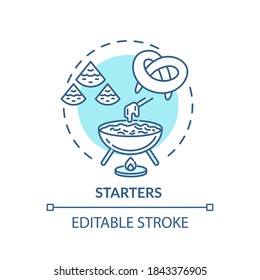 Starters concept icon. Delicious before meal appetizers. Types of pastry. Tasty restaurant snacks menu idea thin line illustration. Vector isolated outline RGB color drawing. Editable stroke