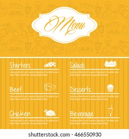 starters salads beef chicken dessert beverage menu label restaurant kitchen icon. Colorfull illustration. Vector graphic