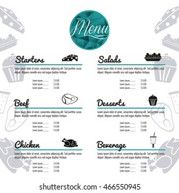 starters salads beef chicken dessert beverage menu restaurant kitchen icon. Colorfull illustration. Vector graphic