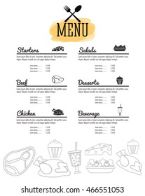 starters salads beef chicken dessert beverage menu restaurant kitchen cutlery  icon. Colorfull illustration. Vector graphic