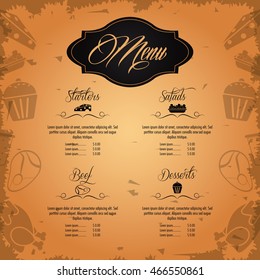 starters salads beef dessert beverage menu restaurant kitchen icon. Colorfull illustration Grunge background. Vector graphic