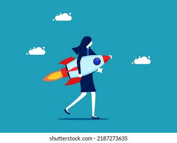 Starting a business. Businesswoman holding a rocket. business concept vector