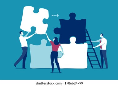 Starting a business. A group of office workers working together to assemble a jigsaw puzzle, metaphorical representation of business. Vector  illustration