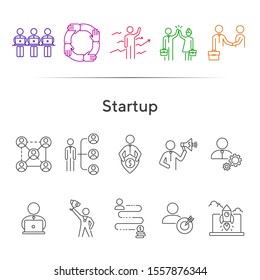 Starting business icons. Set of line icons on white background. Startup, way to money, strategy. Management concept. Vector illustration can be used for topics like business, corporate, success
