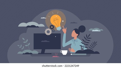 Starting business and new creative idea startup plan tiny person concept. Beginning of company with great vision for new cooperative challenge vector illustration. Woman entrepreneur with work project