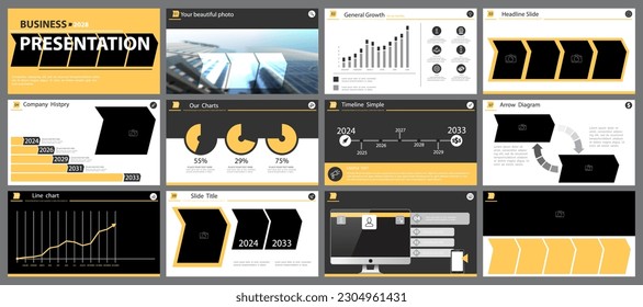 Starting a business project presentation template. Design yellow elements for presentation on white background. Vector infographic. Use in flyers and postcards, advertising annual report, technologies