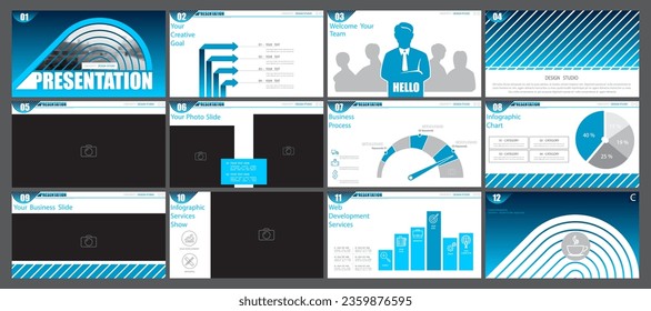 Starting a business project presentation template. Design blue elements for powerpoint on white background. Vector infographic. Use in flyers and postcards, advertising annual report, technologies