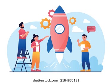 Starting business project. Team launches startup. Financial literacy and teamwork, company or organization development. Partnership and collaboration concept. Cartoon flat vector illustration