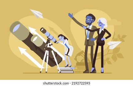 Starting business, quick start beginner team. Would be owner launching successful startup, open franchise, vision into reality, planning, marketing, promoting new venture. Vector creative illustration