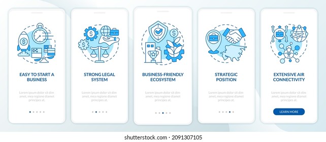 Starting business in Singapore blue onboarding mobile app screen. Walkthrough 5 steps graphic instructions pages with linear concepts. UI, UX, GUI template. Myriad Pro-Bold, Regular fonts used