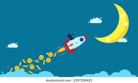 Iniciar un negocio con una fuente de capital. El cohete se lanza con monedas voladoras. Vector 