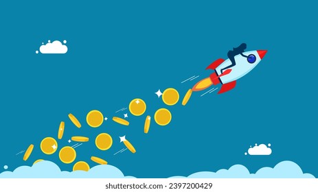 Iniciar un negocio con una fuente de capital. El cohete se lanza con monedas voladoras. Vector 