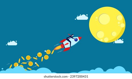 Starting a business with a source of capital. Rocket launches with flying coins. Vector 