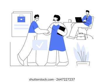 Starting a career in IT isolated cartoon vector illustrations. IT company HR manager interviewing young specialist, junior developer accepted to a position, career growth idea vector cartoon.