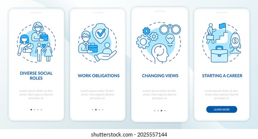 Starting a career onboarding mobile app page screen. Changing views walkthrough 4 steps graphic instructions with concepts. UI, UX, GUI vector template with linear color illustrations