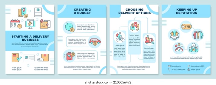 Starting delivery company brochure template. Shipment service. Booklet print design with linear icons. Vector layouts for presentation, annual reports, ads. Arial-Black, Myriad Pro-Regular fonts used