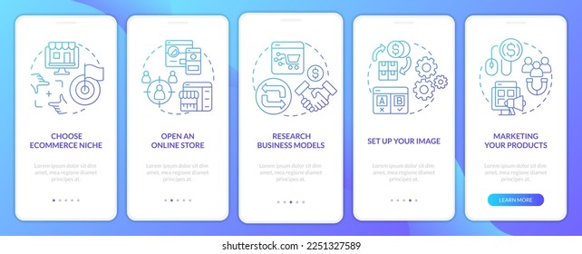 Starting ecommerce business steps blue gradient onboarding mobile app screen. Walkthrough 5 steps graphic instructions with linear concepts. UI, UX, GUI template. Myriad Pro-Bold, Regular fonts used