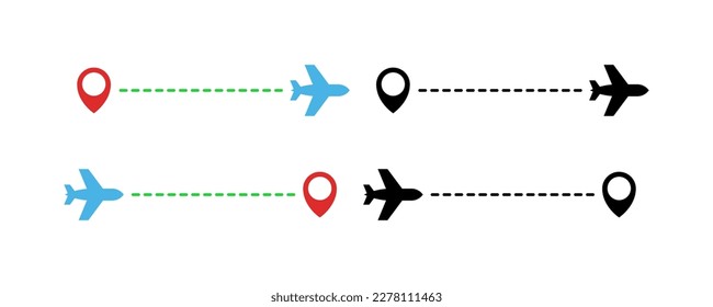 El punto de partida y final de un vuelo de avión. Ruta plana, azul, negra, aérea. Conjunto de iconos vectoriales