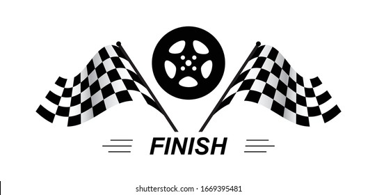 Starting finish flags with a car wheel for auto racing. Vector image